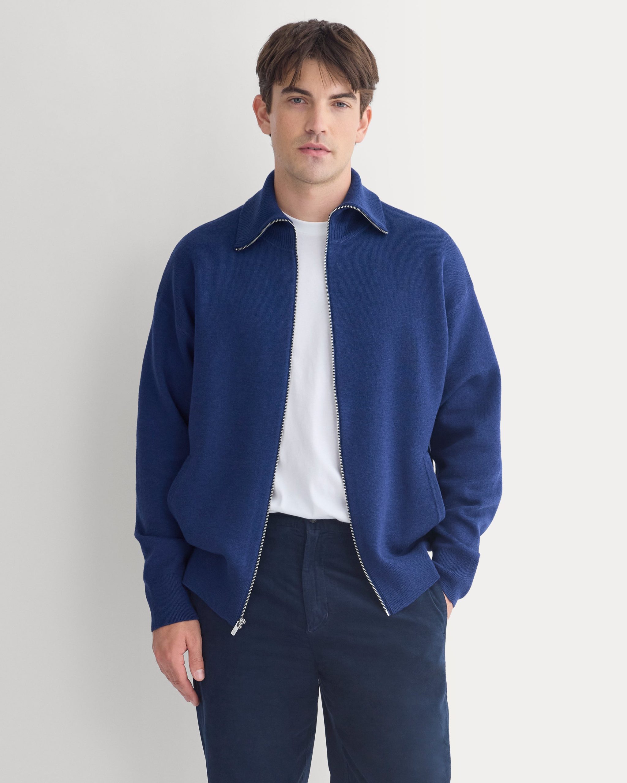 Zip-Up Sweater Jacket in Cotton Merino | Marine Blue